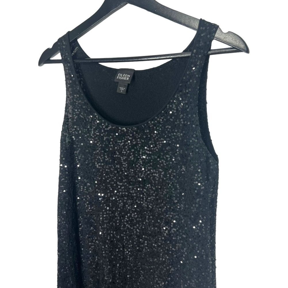 Eileen Fisher Black Sequin Silk Blend Sleeveless Shift Short Dress Small - Picture 2 of 8